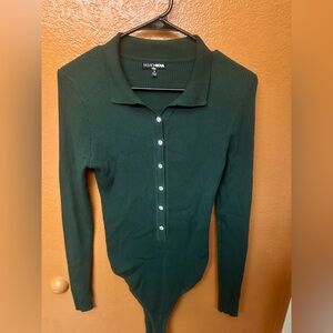 Fashion Nova Deep Green Collared Bodysuit